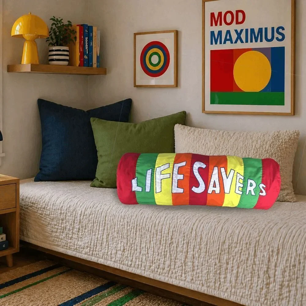 VTG Life Savers Candy Roll Pillow Handmade Quilted Novelty Retro Decor